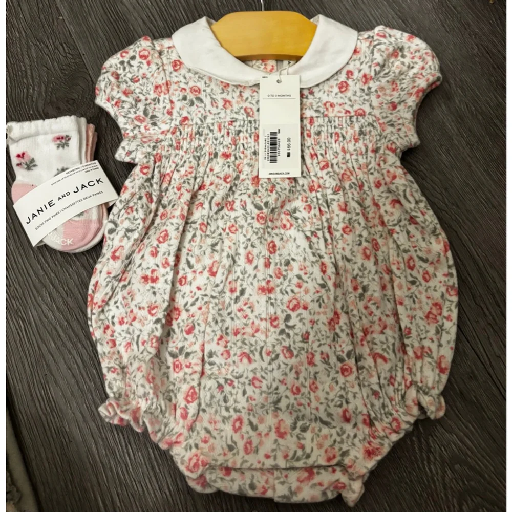 Janie and Jack Floral Bodysuit 0-3 Months White Pink